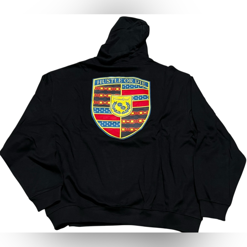 Civilized men's Hoodie sweatshirt hustle or die patch front back black size 2XL‎